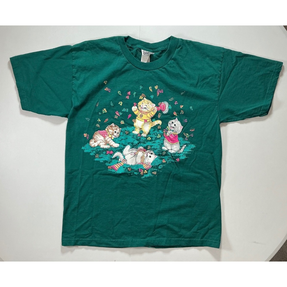 VTG 90s Granny Cat Fall Autumn Leaves Cute T Shirt Womens XL Green Kidcore